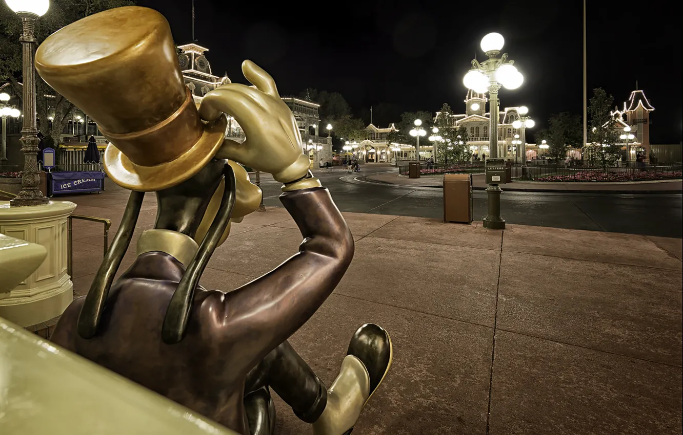 Фото обои улица, шляпа, фонари, Диснейленд, photo, photographer, цилиндр, Disneyland