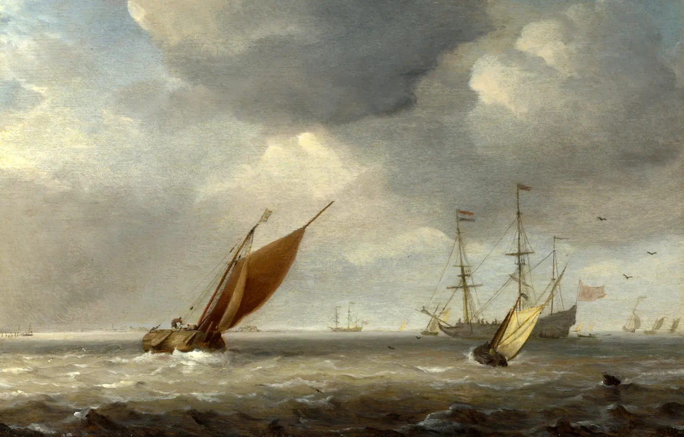 Фото обои море, волны, небо, пейзаж, ветер, лодка, корабль, картина