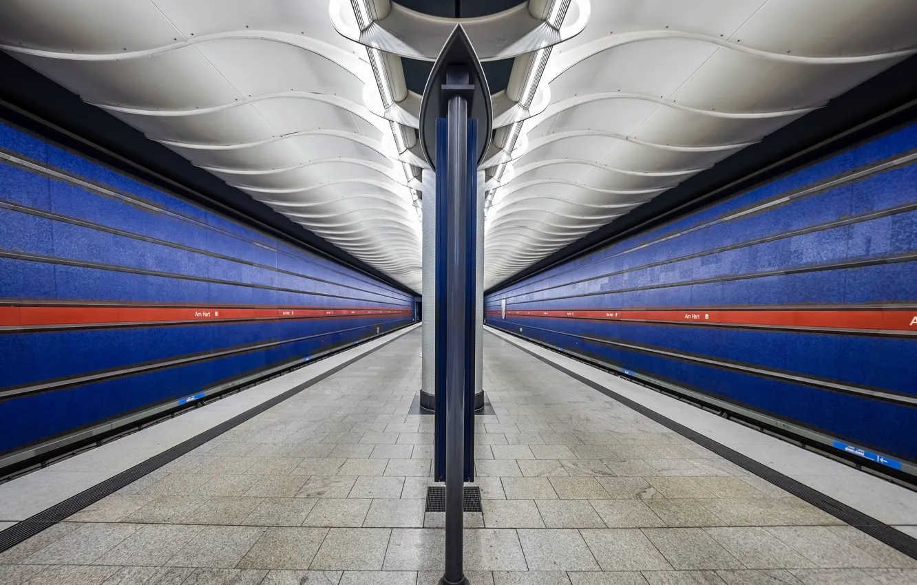 Фото обои метро, станция, Германия, Мюнхен, перрон, опора