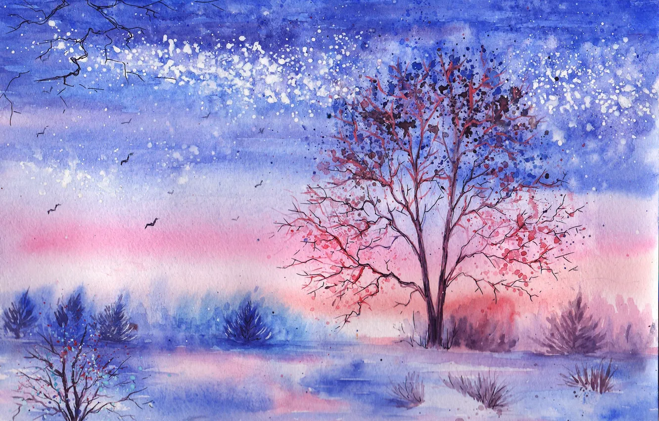 Фото обои зима, трава, деревья, птицы, озеро, акварель, кусты, нарисованный пейзаж