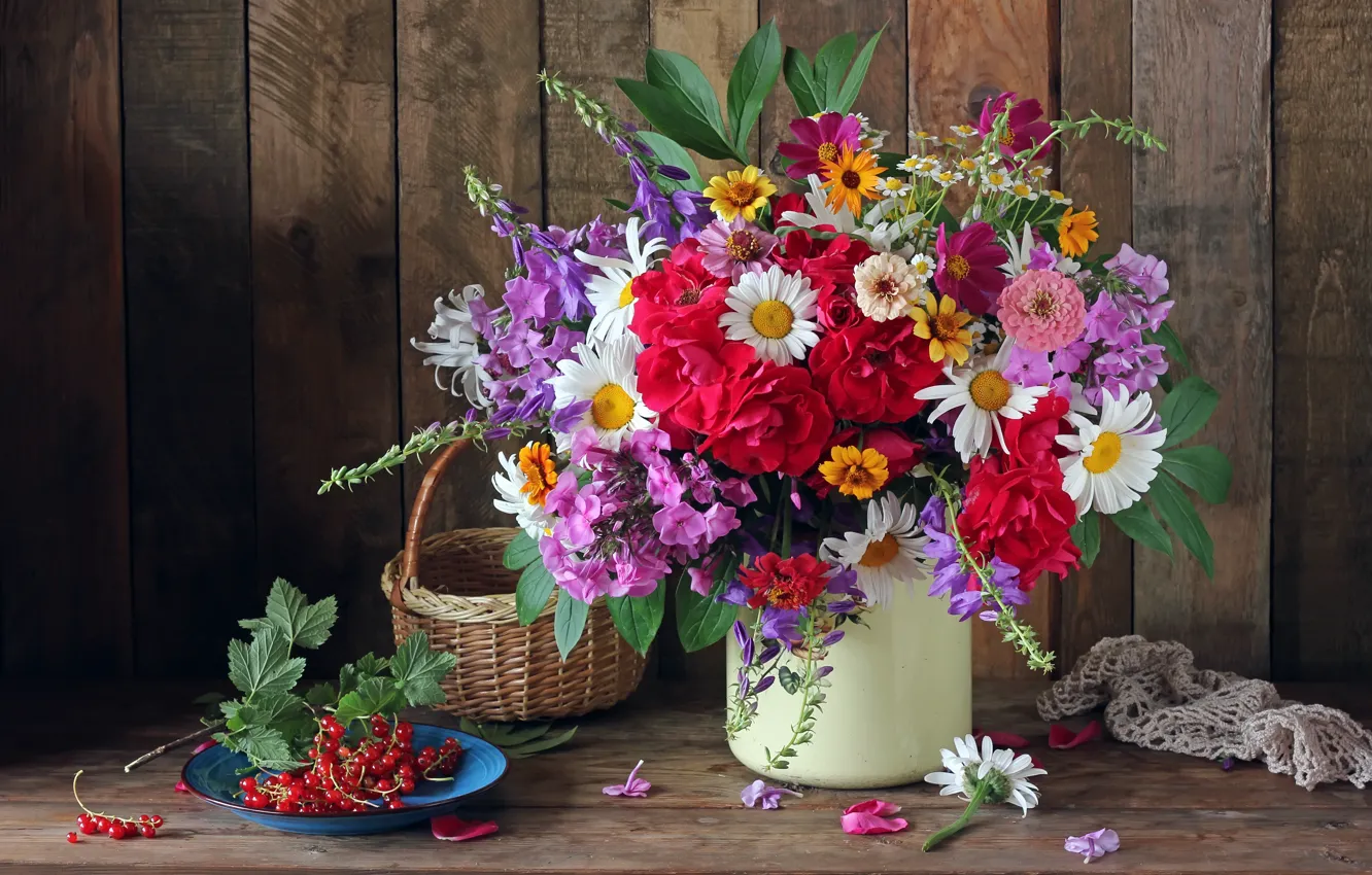 Фото обои осень, цветы, ягоды, букет, colorful, натюрморт, смородина, flowers