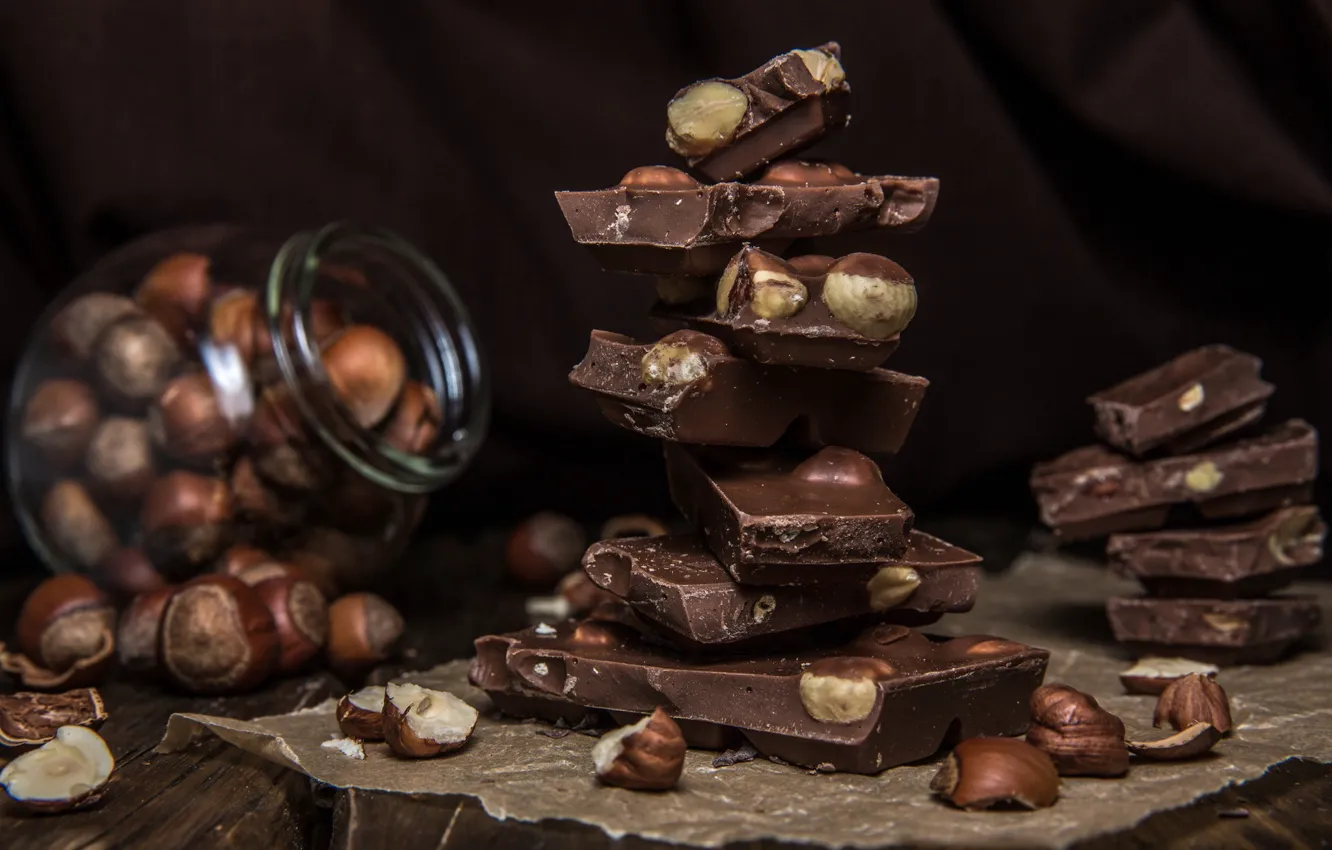 Фото обои шоколад, орехи, сладкое, фундук