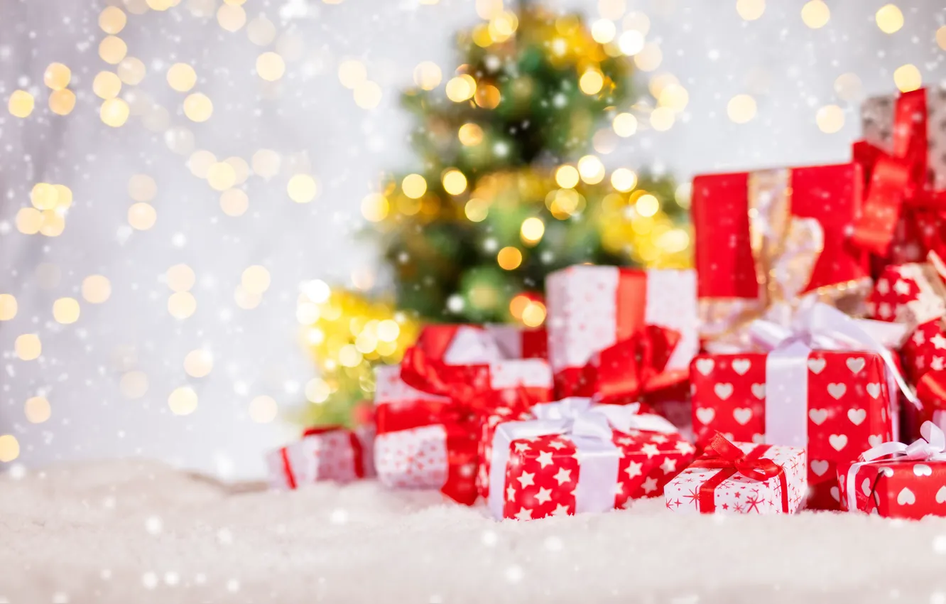 Фото обои зима, снег, украшения, снежинки, Новый Год, Рождество, подарки, Christmas