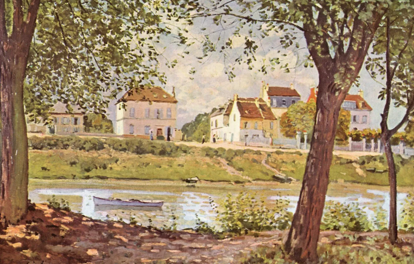 Фото обои картина, живопись, painting, Alfred Sisley, 1872, Village on the banks of the Seine
