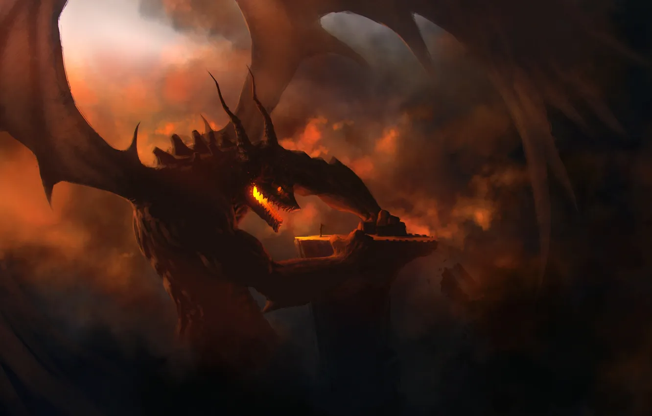 Фото обои облака, скала, пламя, человек, противостояние, Дракон