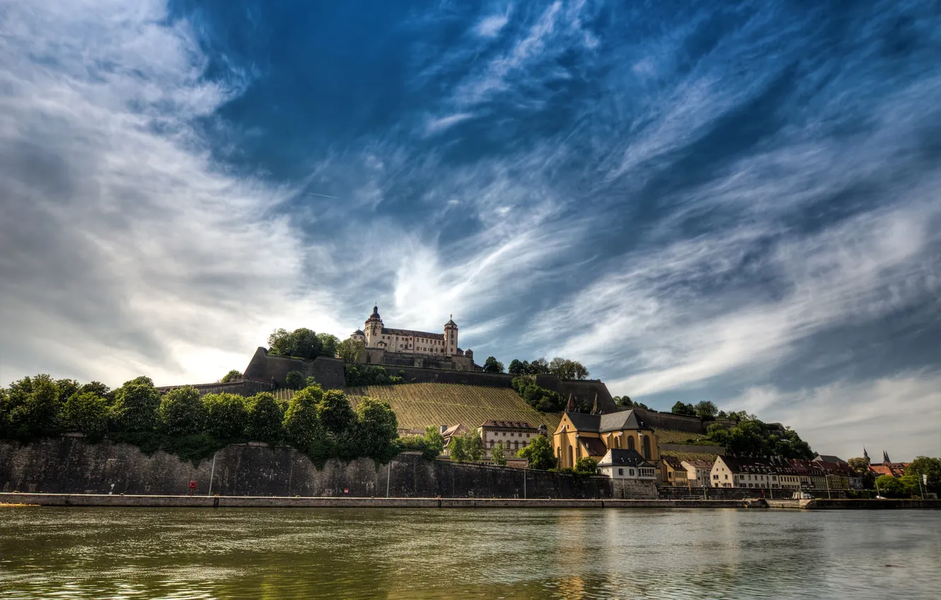 Фото обои пейзаж, река, замок, Германия, Бавария, холм, Вюрцбург