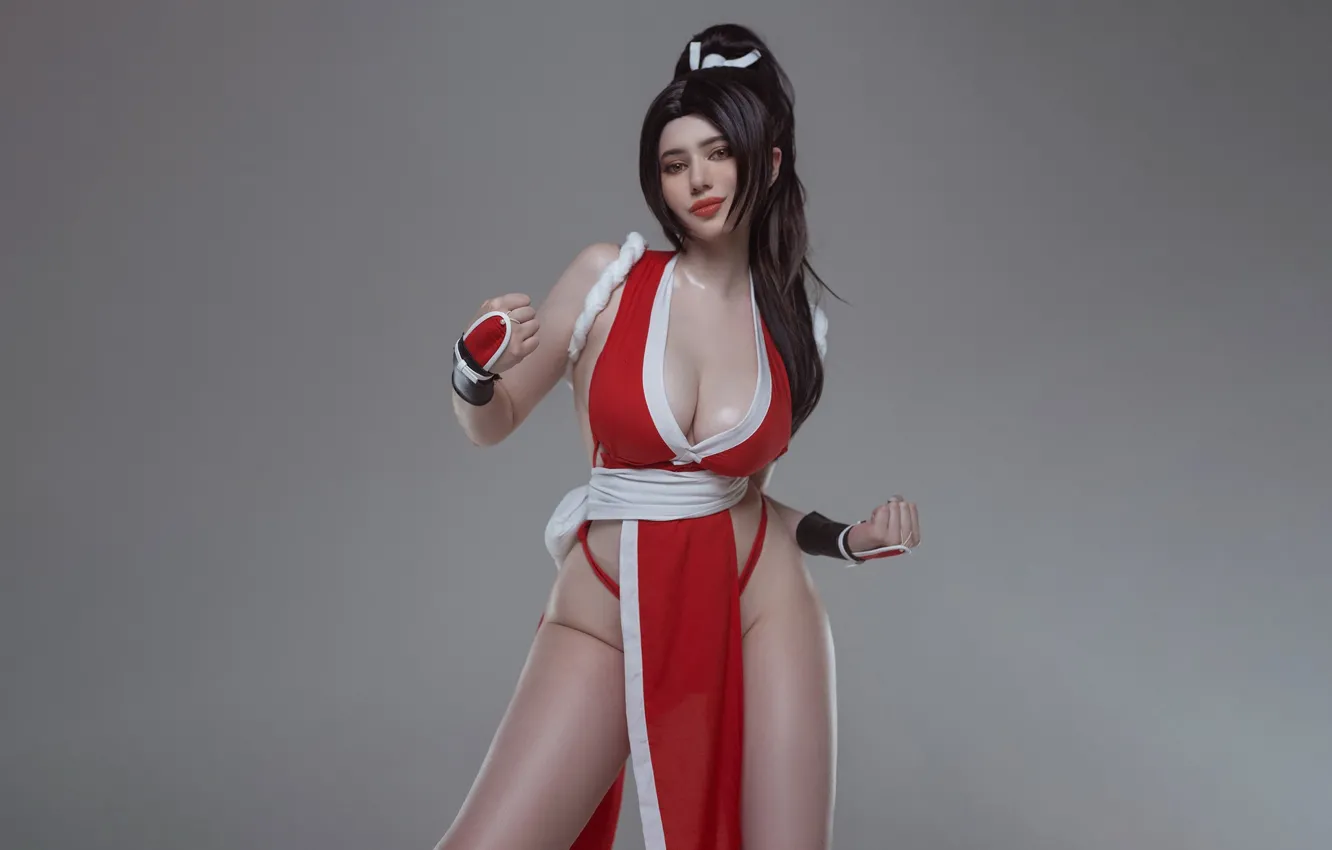 Фото обои girl, studio, model, cosplay, brunette, Mai Shiranui, hips, video games