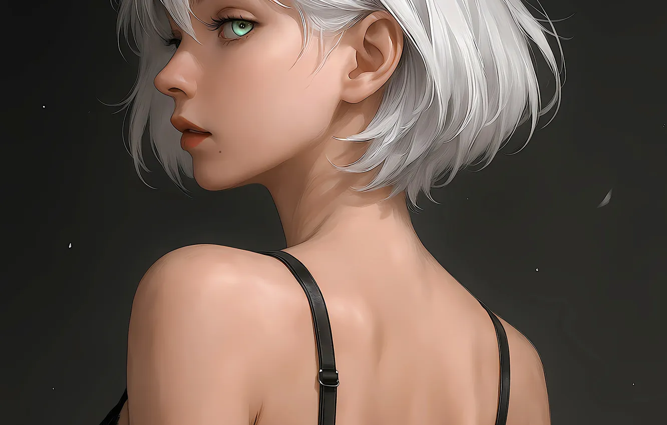Фото обои Girl, green eyes, dress, short hair, digital art, artwork, black dress, white hair