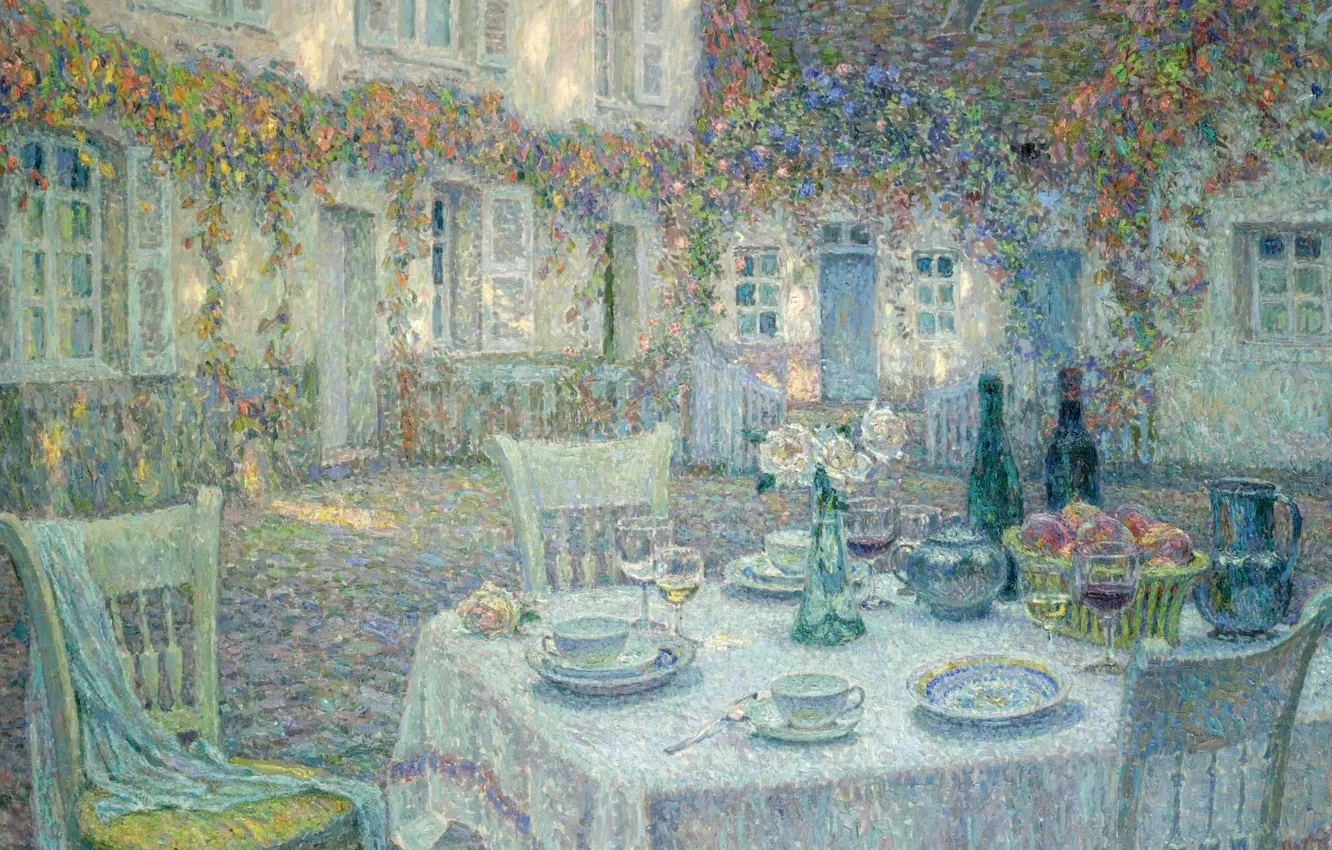 Фото обои дом, стол, картина, двор, сервировка, Завтрак, Henri Le Sedaner, Анри Ле Сиданэ