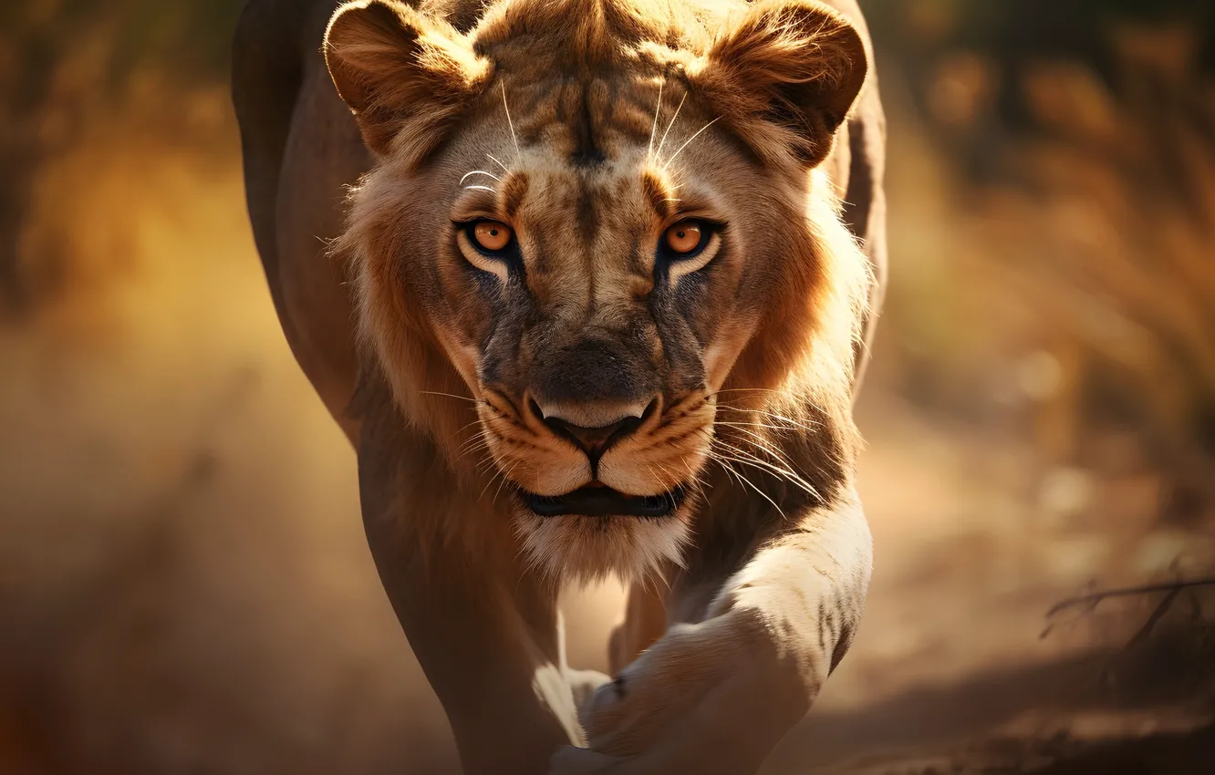 Фото обои взгляд, морда, львица, крадется, ИИ-арт, НЕЙРОСЕТЬ