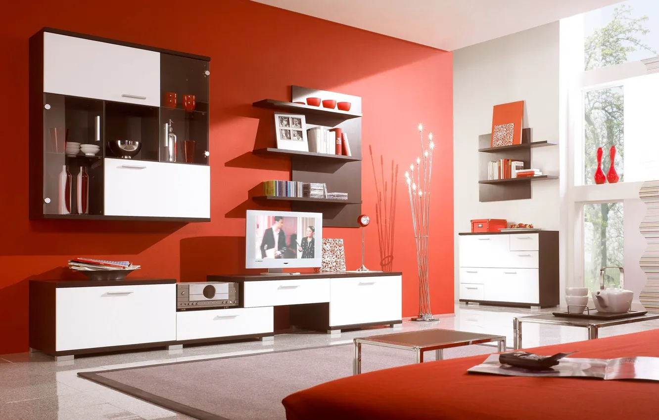 Фото обои красный, яркий, дизайн, стиль, комната, интерьер, квартира, полки