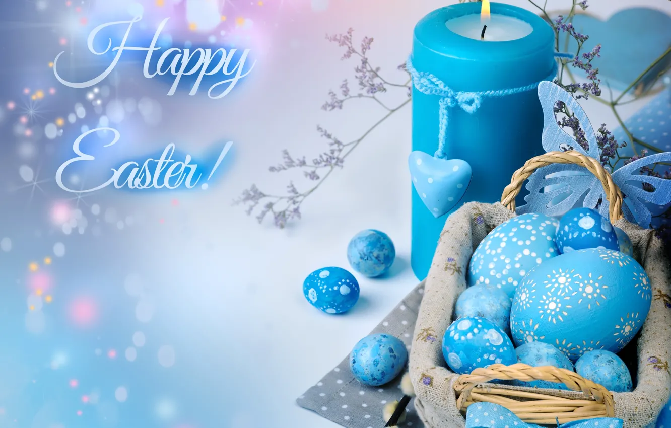 Фото обои голубой, свеча, яйца, Пасха, декор