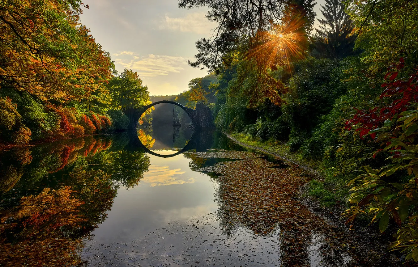 Фото обои осень, солнце, мост, река, Germany, The Devils Bridge