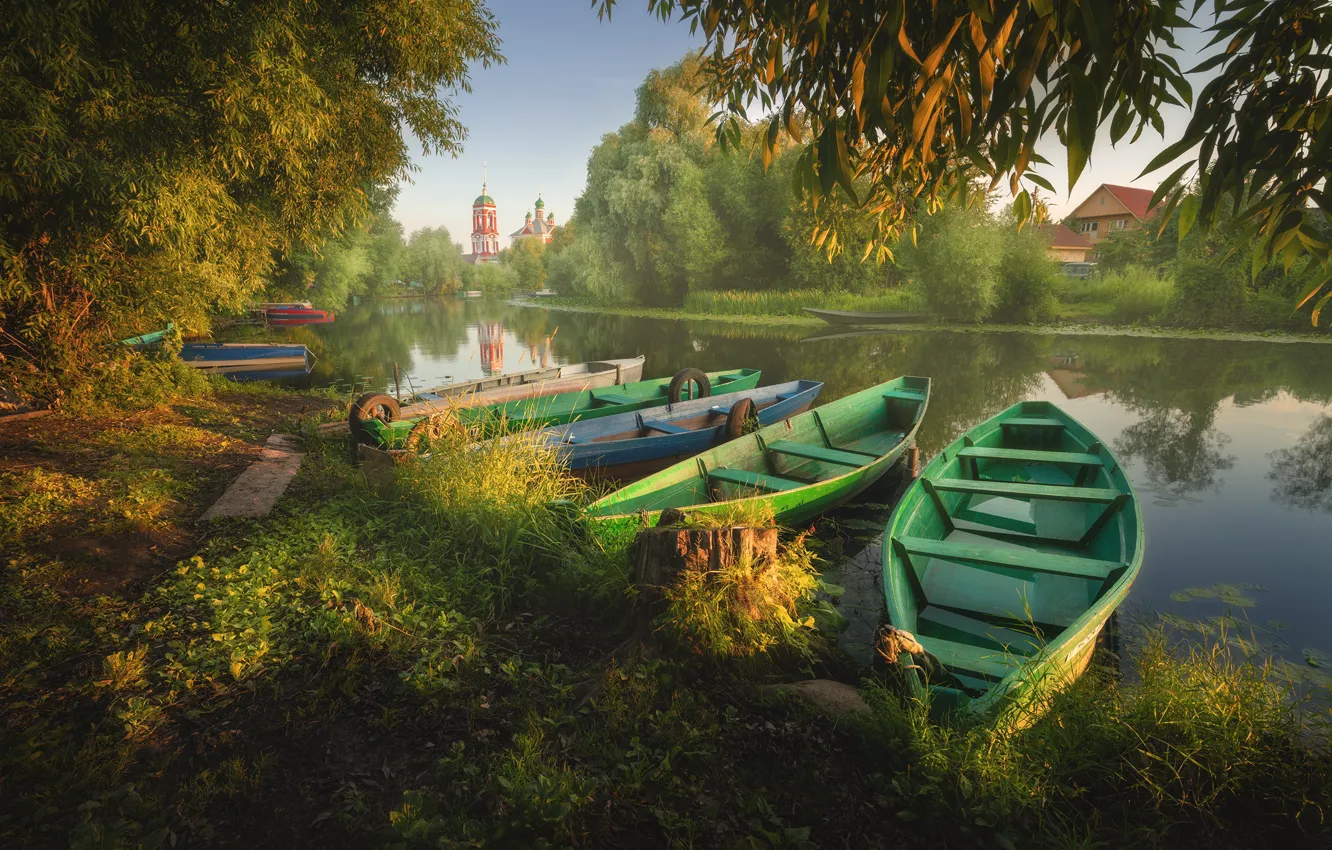 Фото обои лето, пейзаж, природа, город, река, лодки, утро, Переславль-Залесский