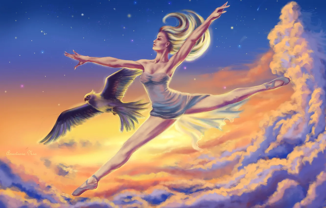 Фото обои небо, девушка, облака, птица, волосы, арт, профиль, балерина