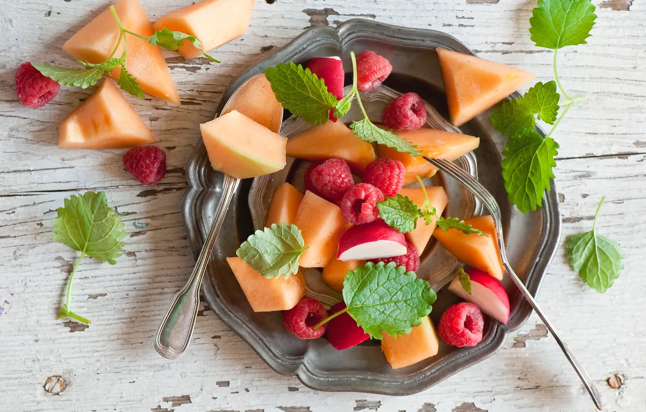 Фото обои ягоды, малина, фрукты, персики, фруктовый салат