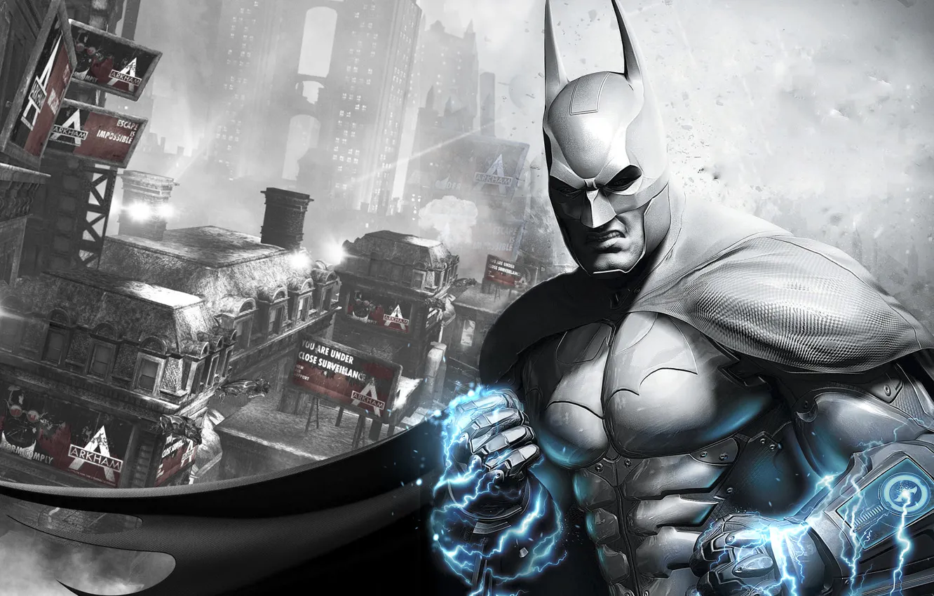 Фото обои город, броня, плащ, гаджет, тюрьма, ток, Batman: Arkham City Armored Edition, трущобы