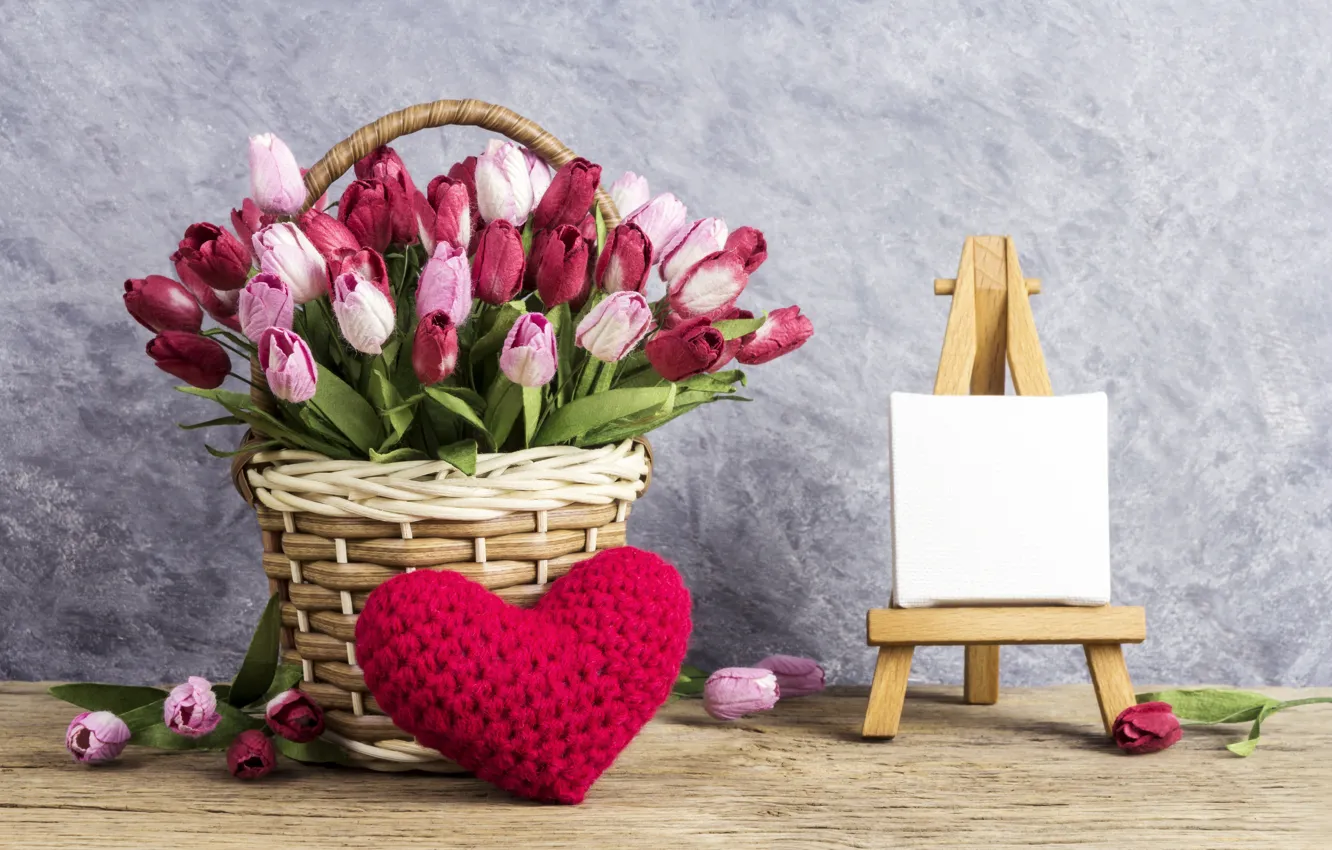 Фото обои любовь, цветы, сердце, тюльпаны, love, розовые, корзинка, vintage