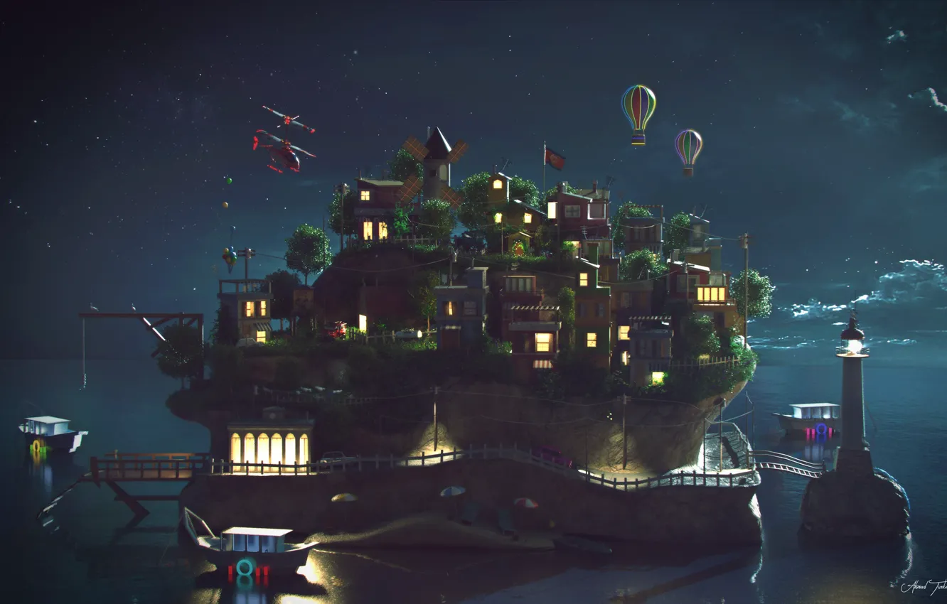 Фото обои остров, поселение, Island NightShot