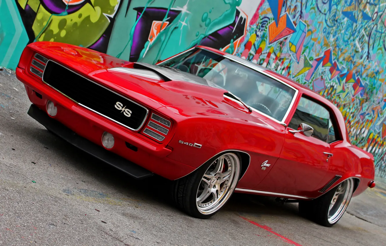 Фото обои 1969, Camaro, red, Chevy, graffity, HRE's