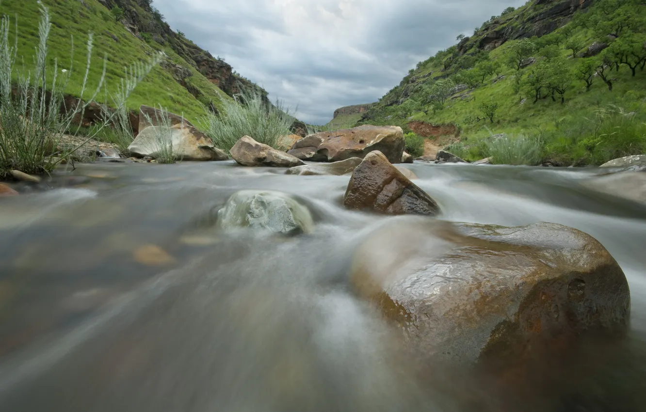 Фото обои вода, река, камни, поток