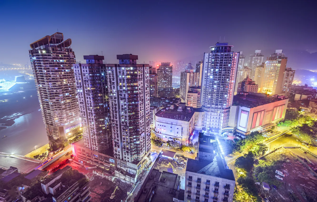 Фото обои Ночь, Город, Небоскребы, Китай, Chongqing