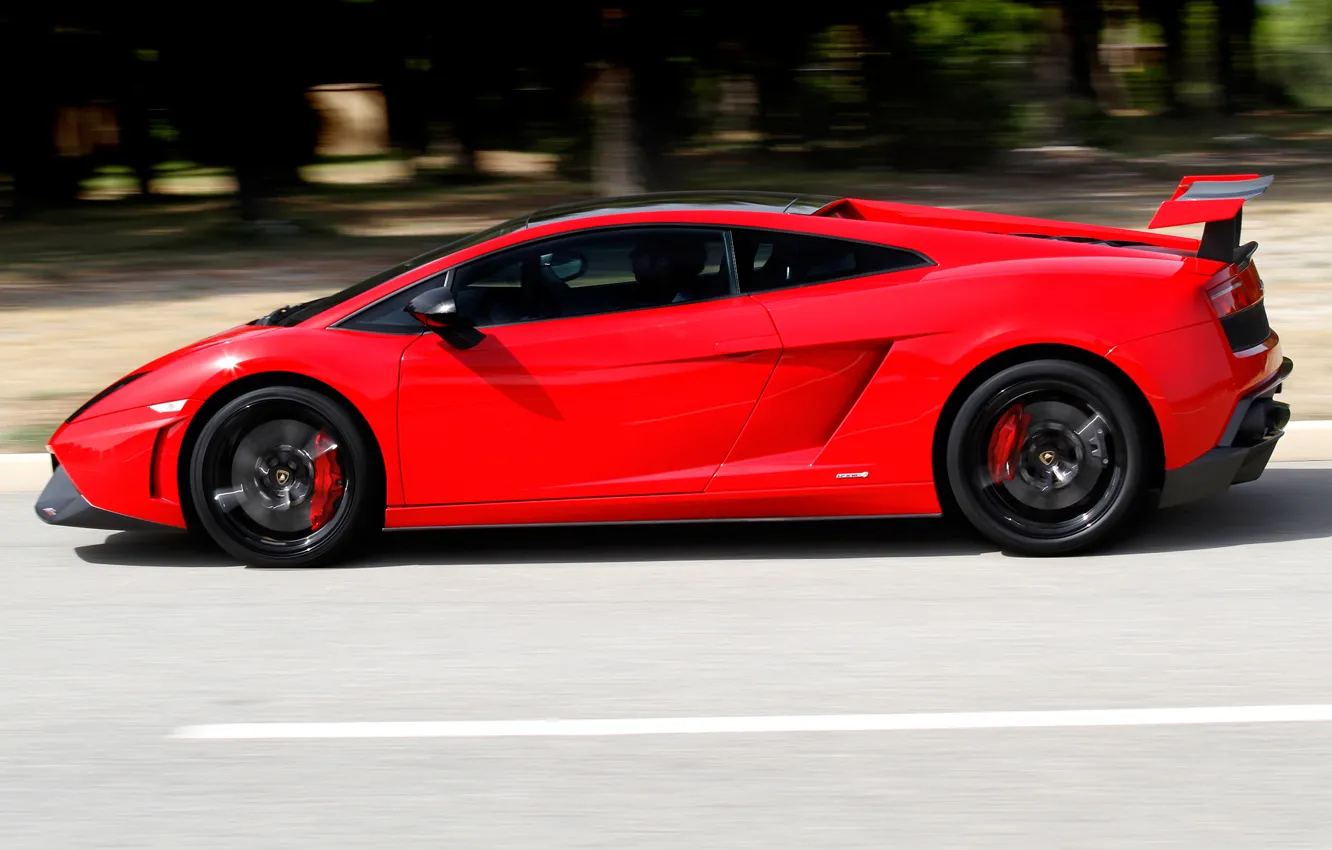 Фото обои красный, Lamborghini, Gallardo, вид сбоку, ламборгини, LP570-4, Super Trofeo, Stradale