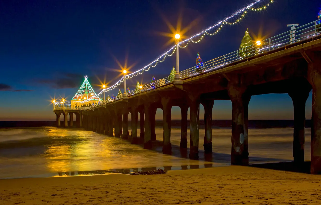Фото обои огни, праздник, елка, Рождество, Калифорния, пирс, США, Манхэттен-Бич