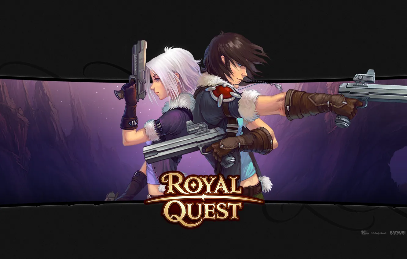 Фото обои Девушка, Надпись, Оружие, Парень, MMORPG, Пистолеты, Royal Quest