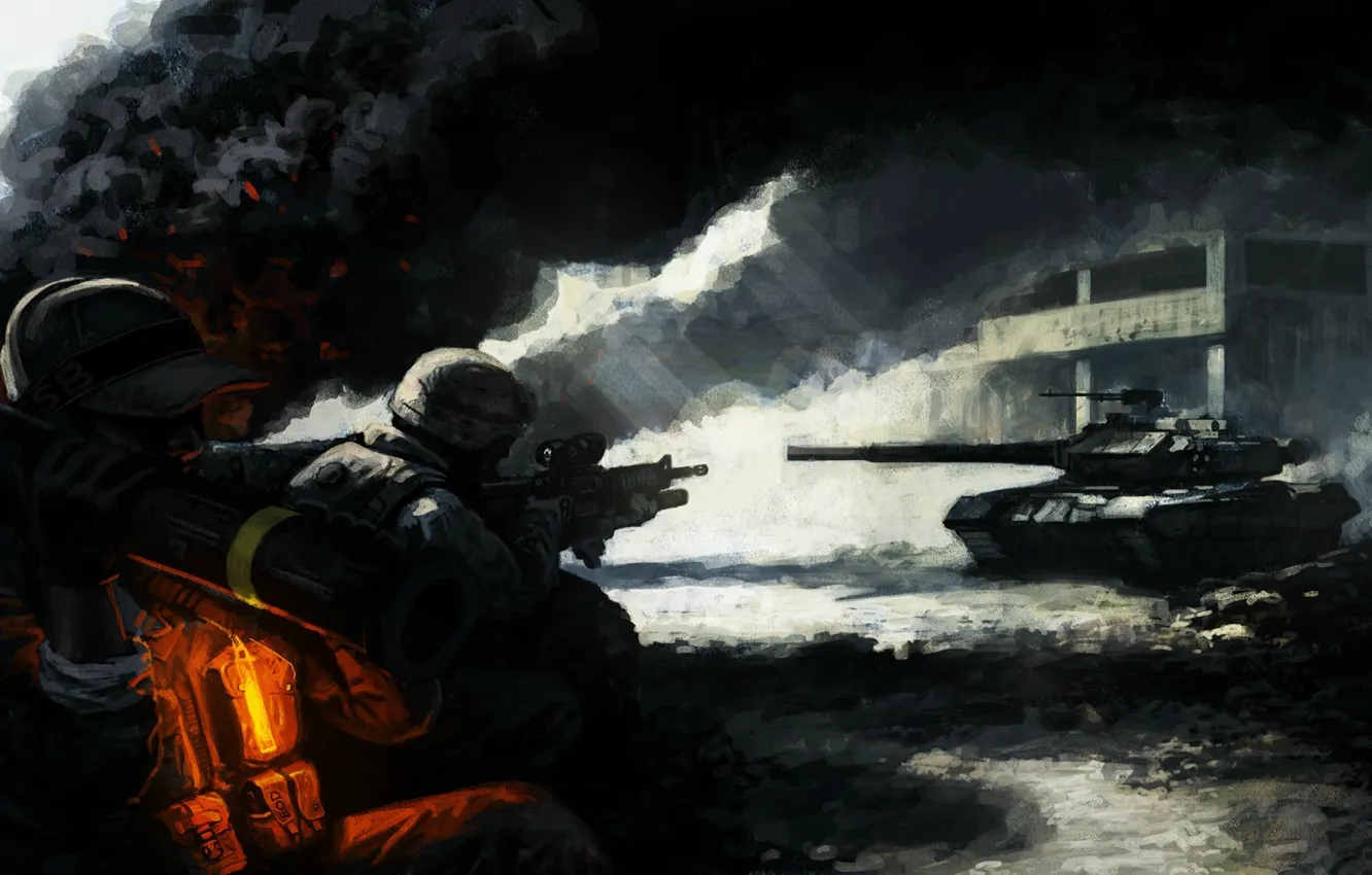 Фото обои свет, пепел, оружие, дым, здание, арт, солдаты, танк