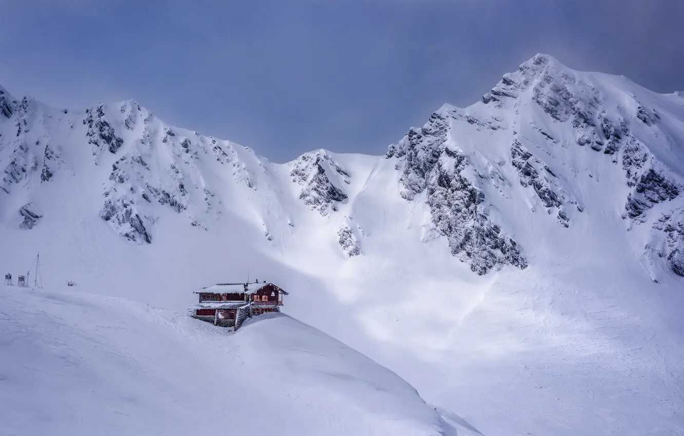 Фото обои снег, горы, дом