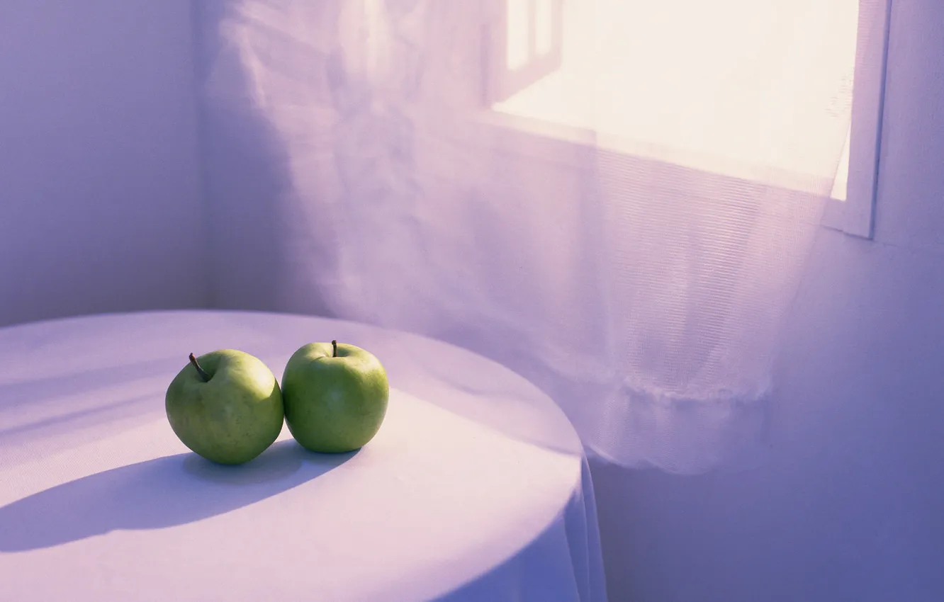 Фото обои стол, комната, яблоки, разное, зелёные, скатерть