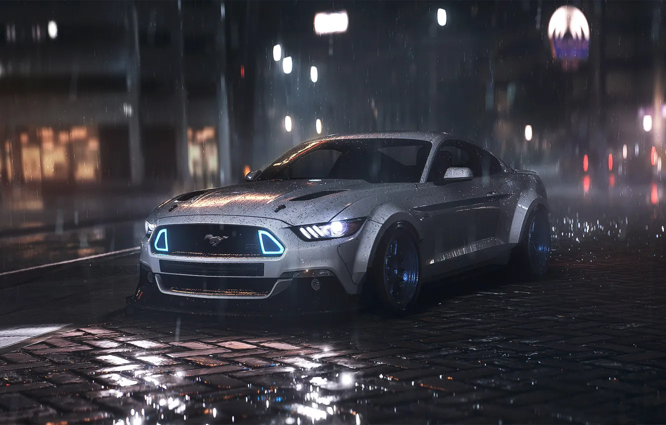 Фото обои Mustang, Ford, Dark, Car, Front, Night, RTR, Rain