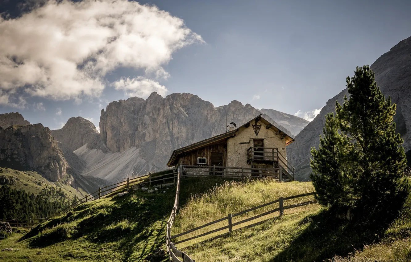 Фото обои горы, домик, Доломитовые Альпы