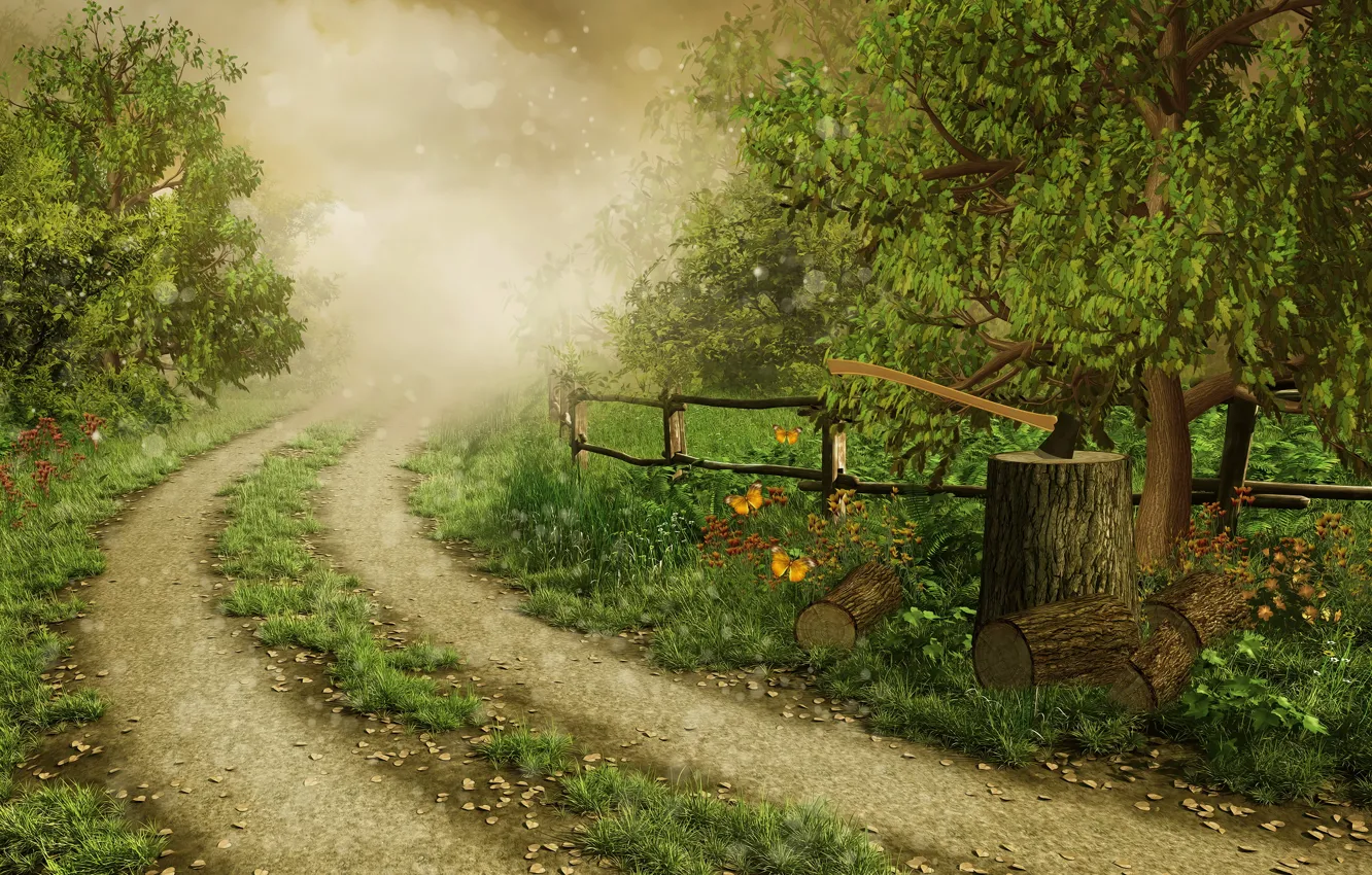 Фото обои дорога, лес, трава, деревья, бабочки, природа, туман, блики