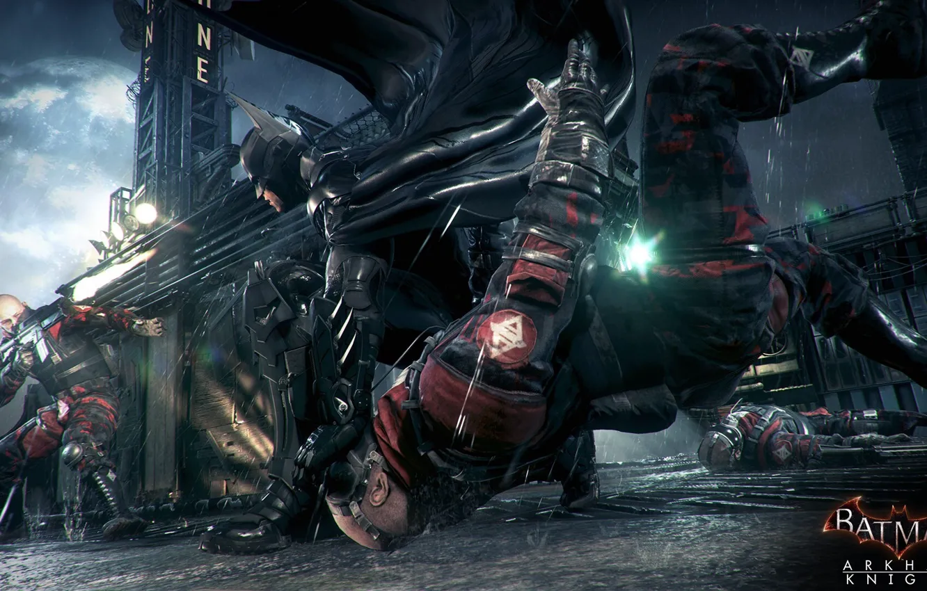 Фото обои оружие, Бэтмен, Костюм, удар, бандиты, Готэм, Batman:Arkham Knight