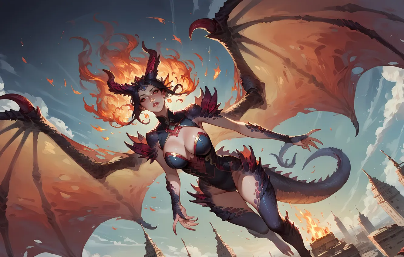 Фото обои девушка, город, огни, пламя, дракон, крылья
