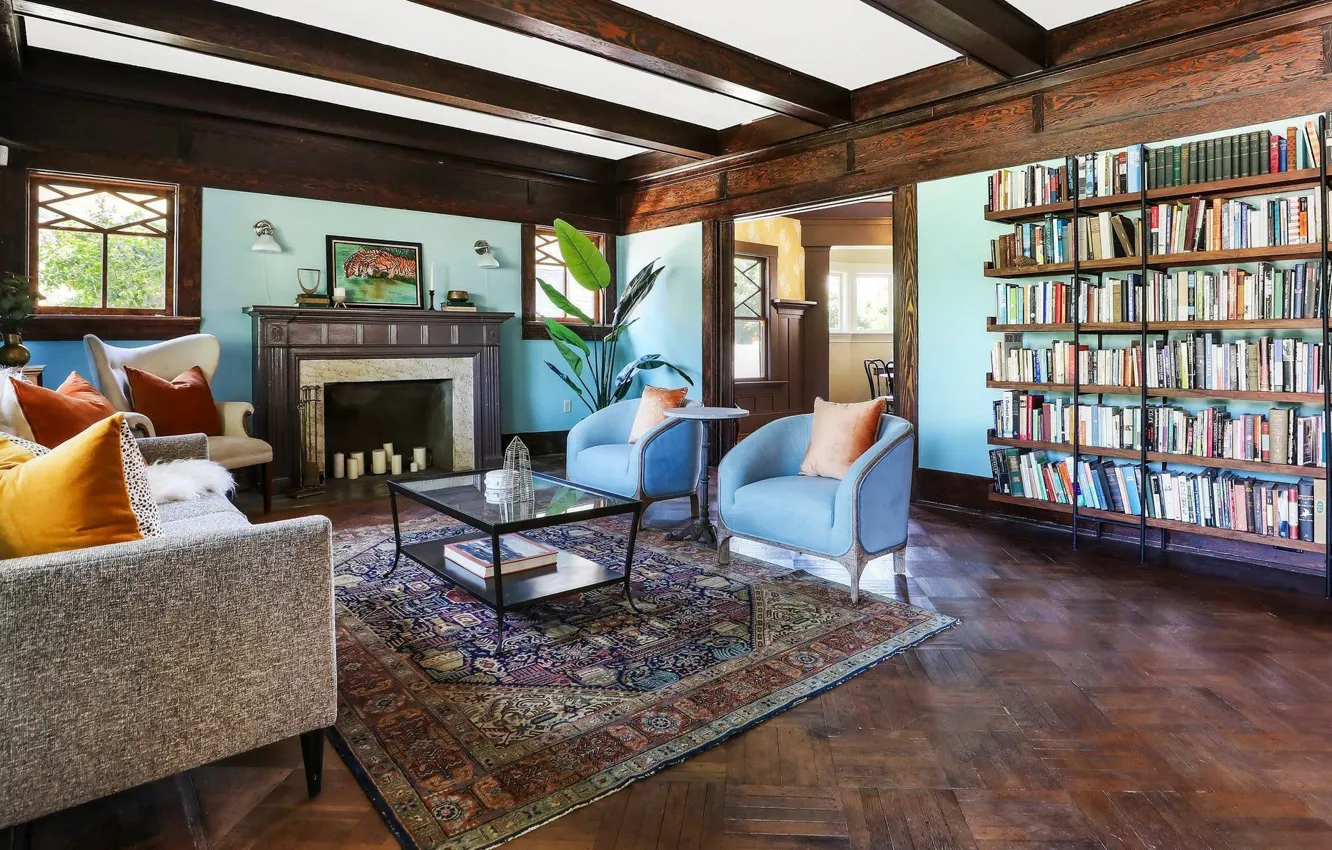 Фото обои дизайн, стиль, интерьер, камин, библиотека, Los Angeles, California, гостиная