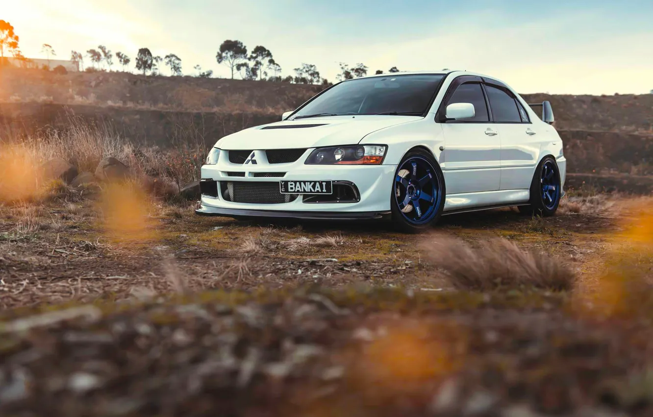 Фото обои Mitsubishi, Lancer, Car, Front, Sun, Sunset, White, Evolution 9