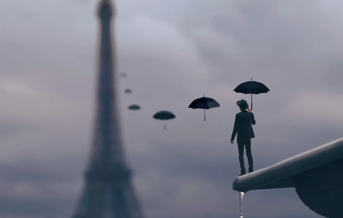 Фото обои крыша, капли, дождь, Париж, зонт, мужчина