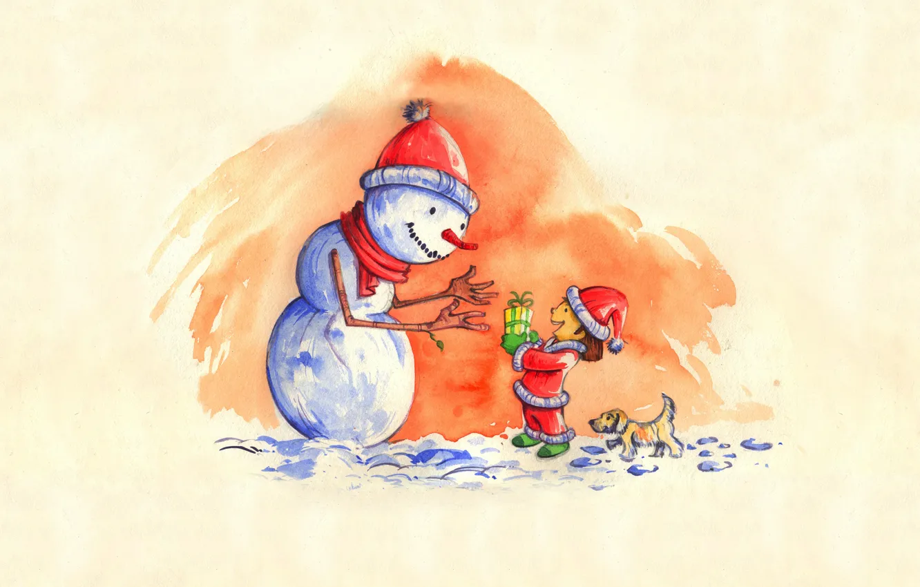 Фото обои зима, дети, новый год, арт, снеговики
