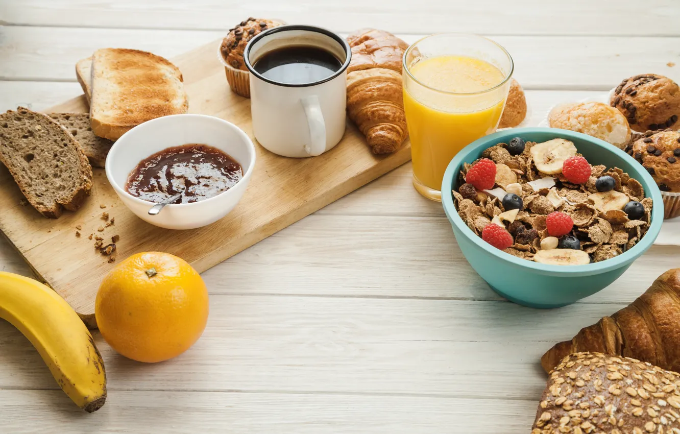 Фото обои ягоды, еда, завтрак, сок, цитрусы, мюсли