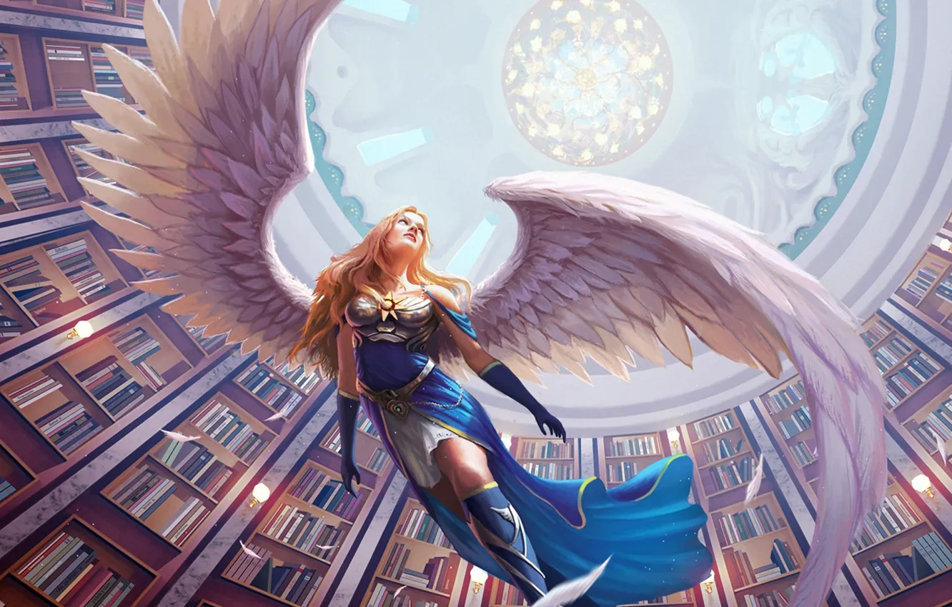 Фото обои девушка, книги, крылья, ангел, перья, арт, библиотека, свод