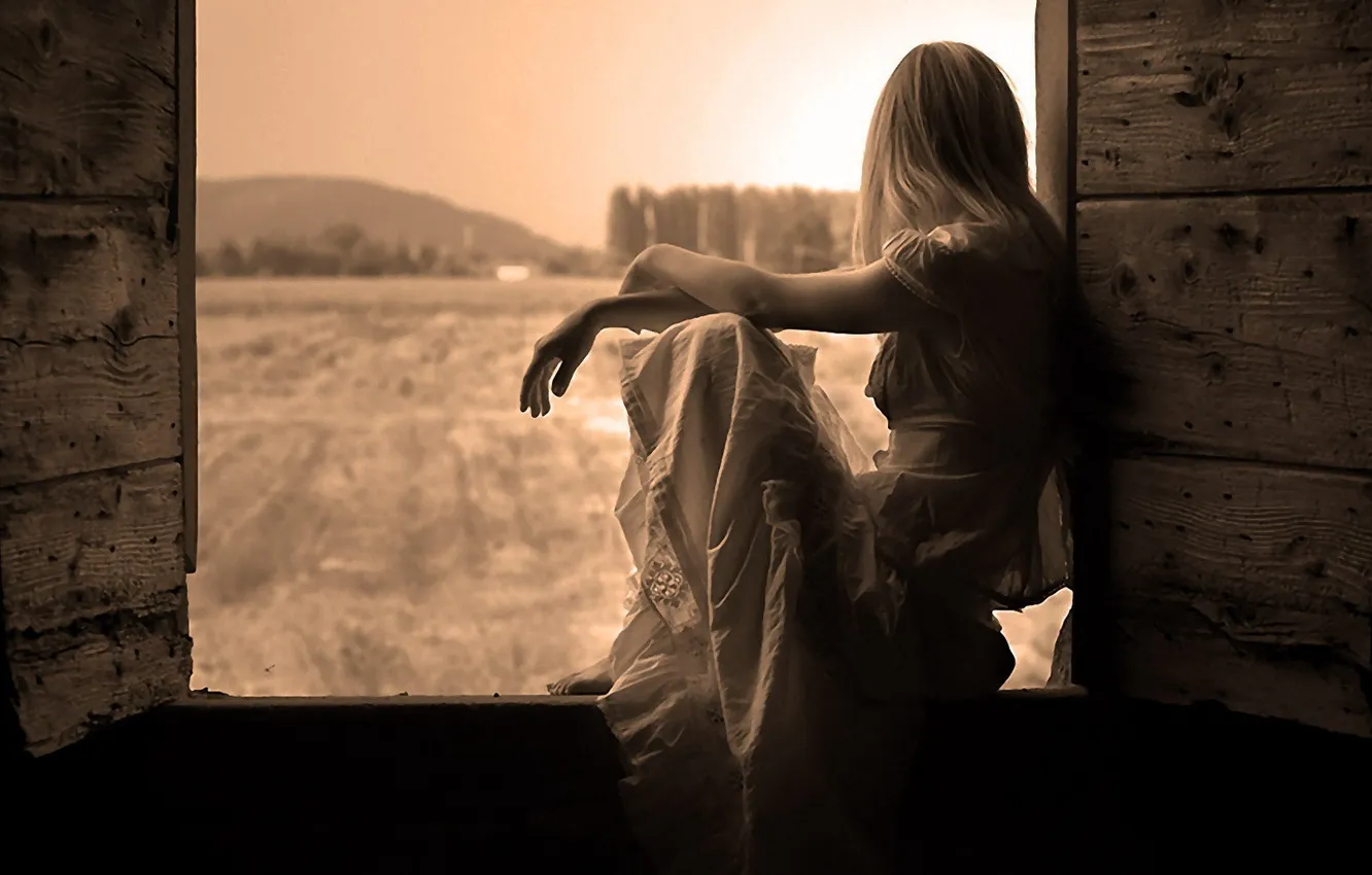 Фото обои поле, девушка, платье, окно