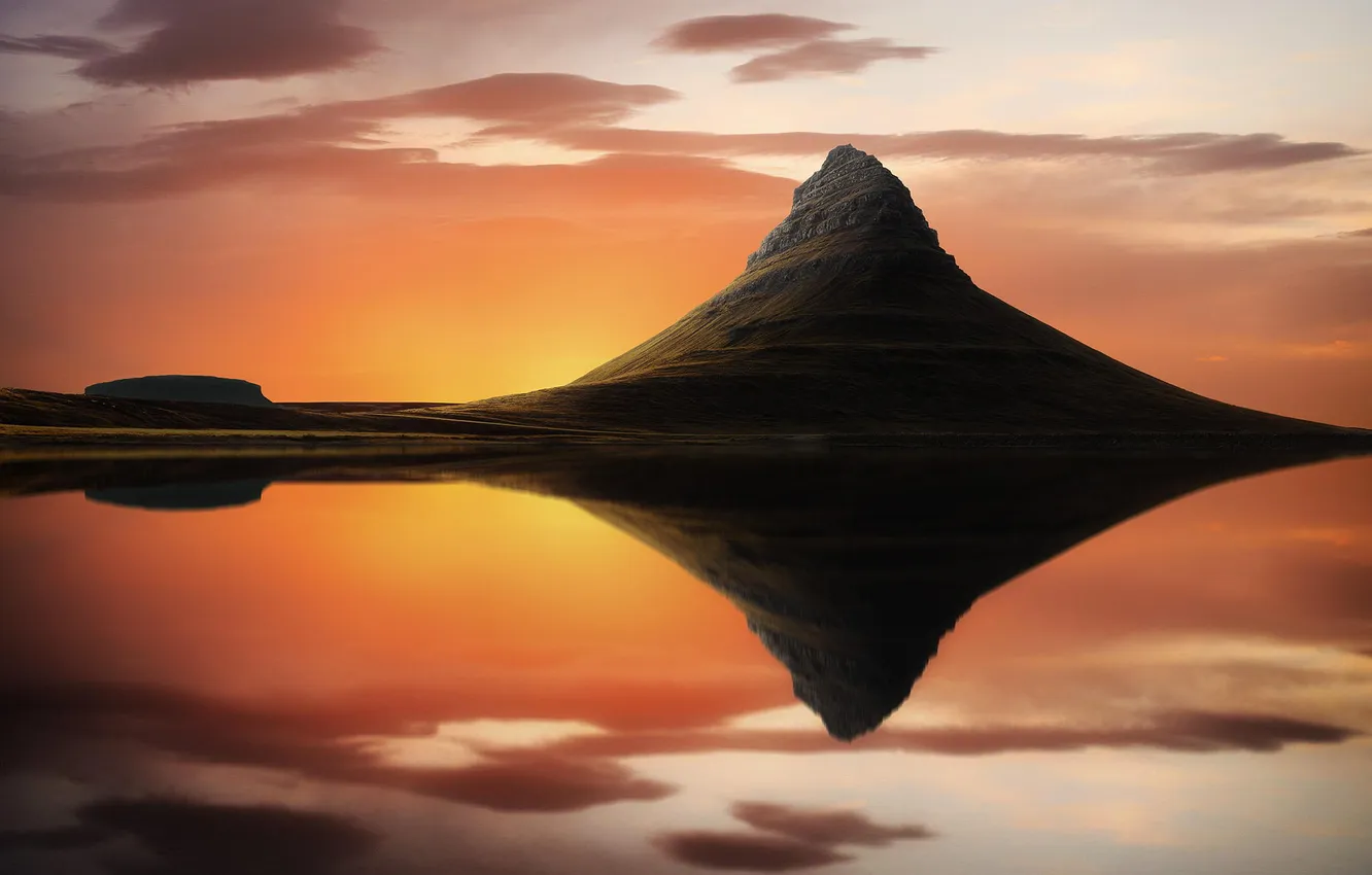 Фото обои природа, озеро, отражение, гора, расвет