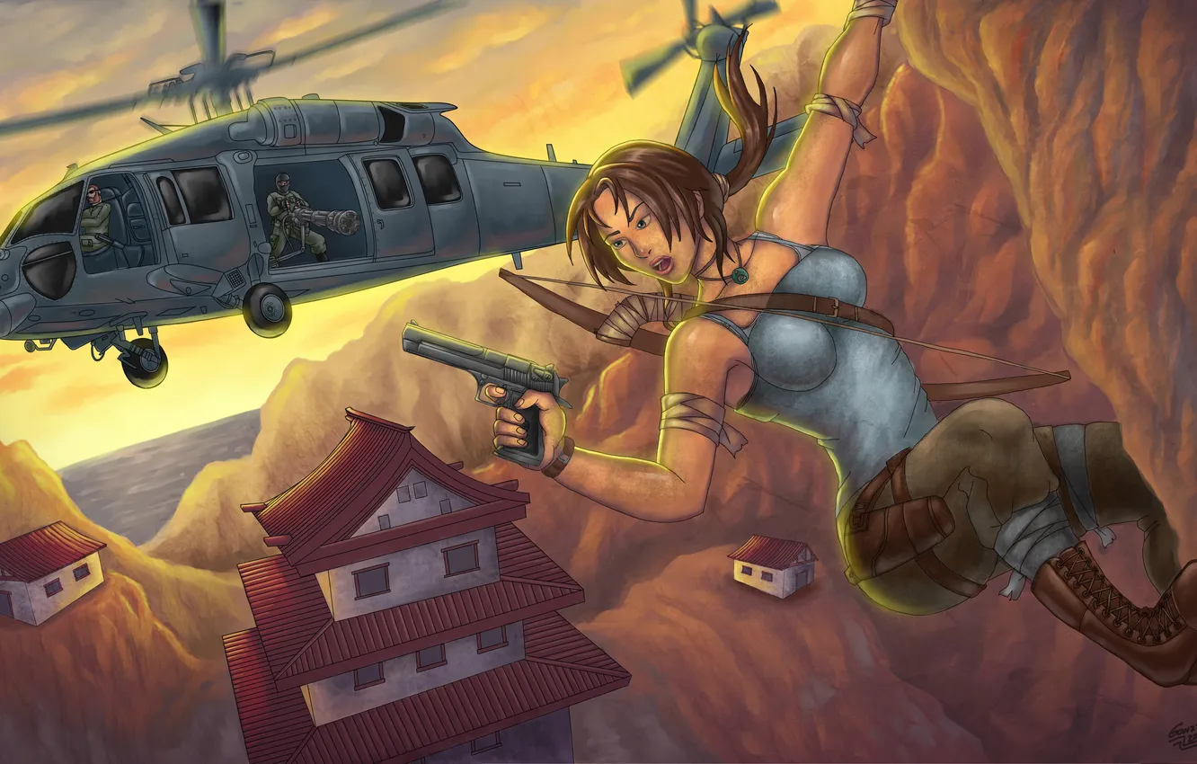 Фото обои девушка, скала, пистолет, арт, вертолет, Lara Croft, Tomb raider