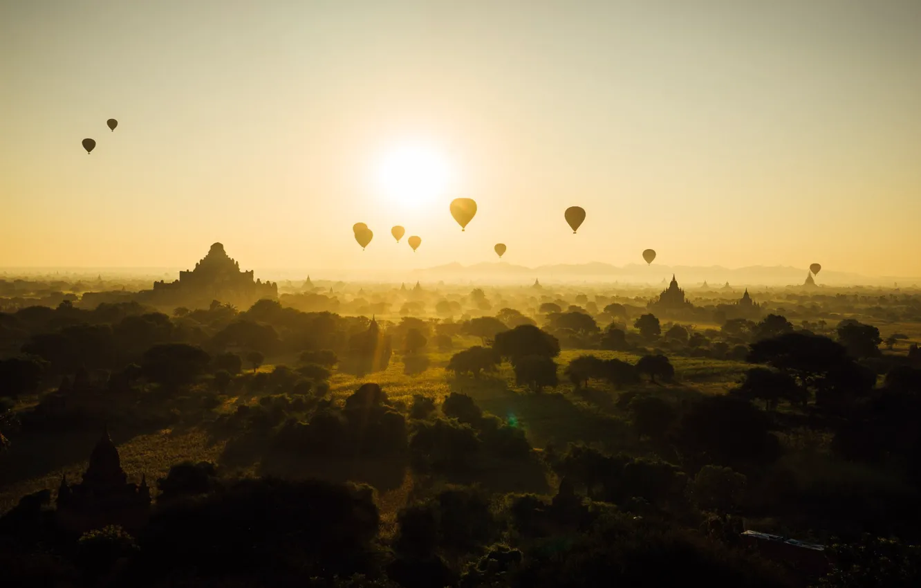 Фото обои небо, солнце, Мьянма, Бирма, аэростат