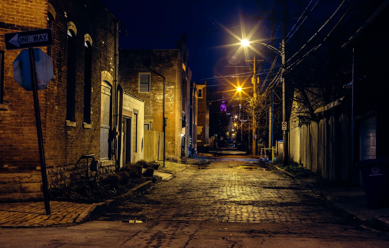 Фото обои город, огни, улица, дома, переулок, ночной