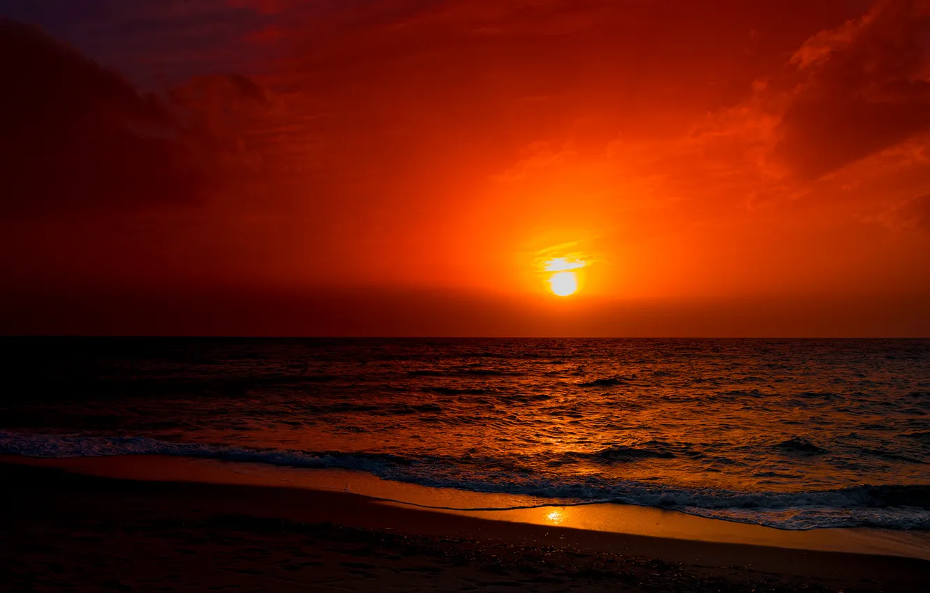 Фото обои Закат, Солнце, Небо, Вода, Песок, Облака, Океан, Пляж