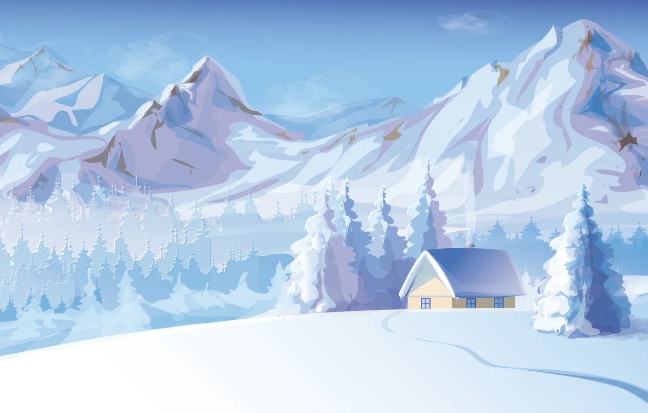 Фото обои снег, деревья, горы, дым, Зима, домик